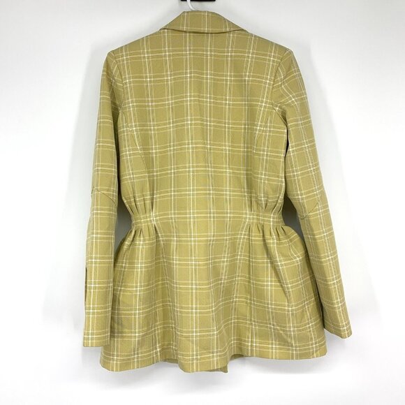 Onarin Blazer Yellow Print Plaid Cinched Button Down Lined Jacket - Picture 7 of 9